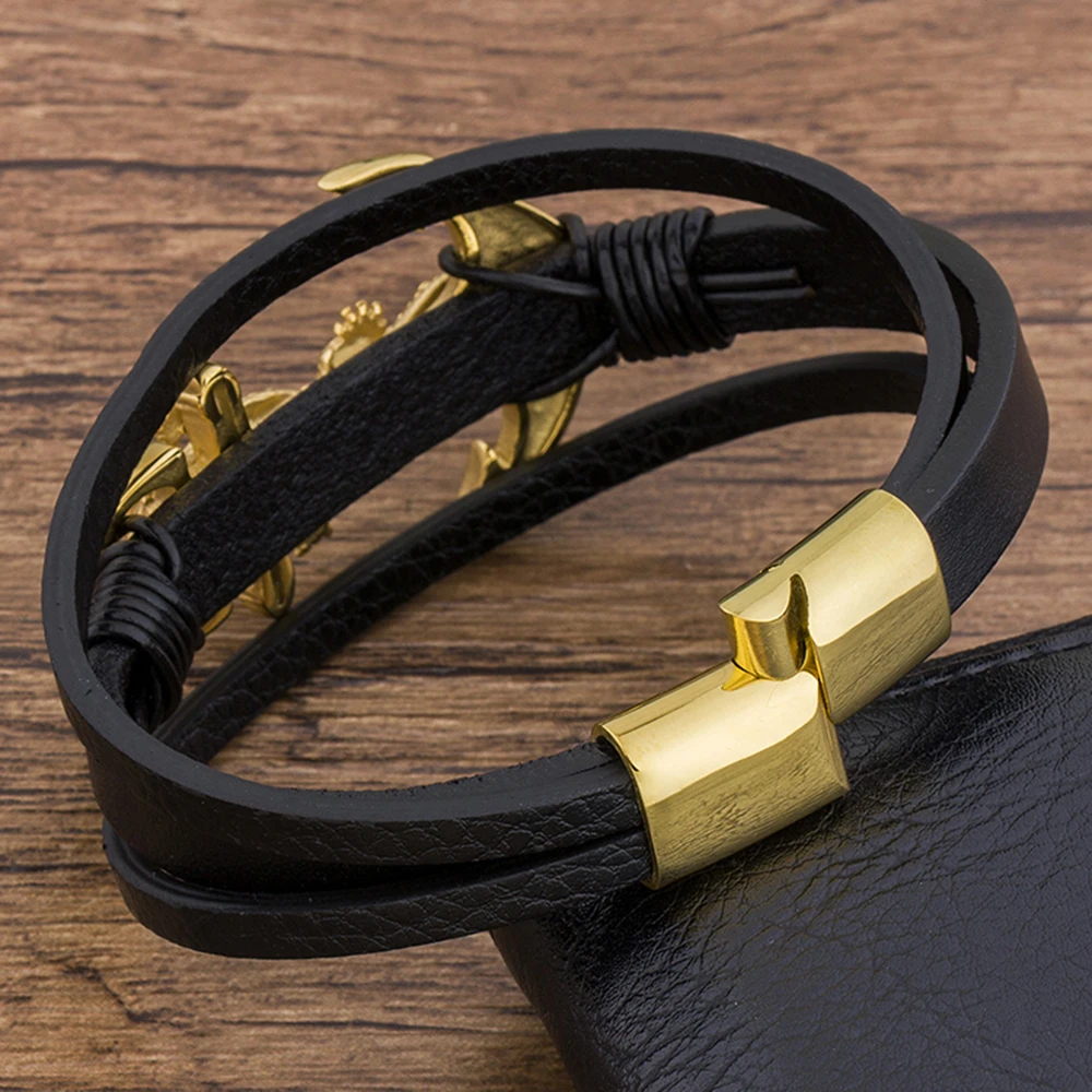 TYO Charms Fashion Rope Braided Genuine Leather Anchor Mens Bracelet Animal Black Manetic Clasp Whosale Accessories Bangles