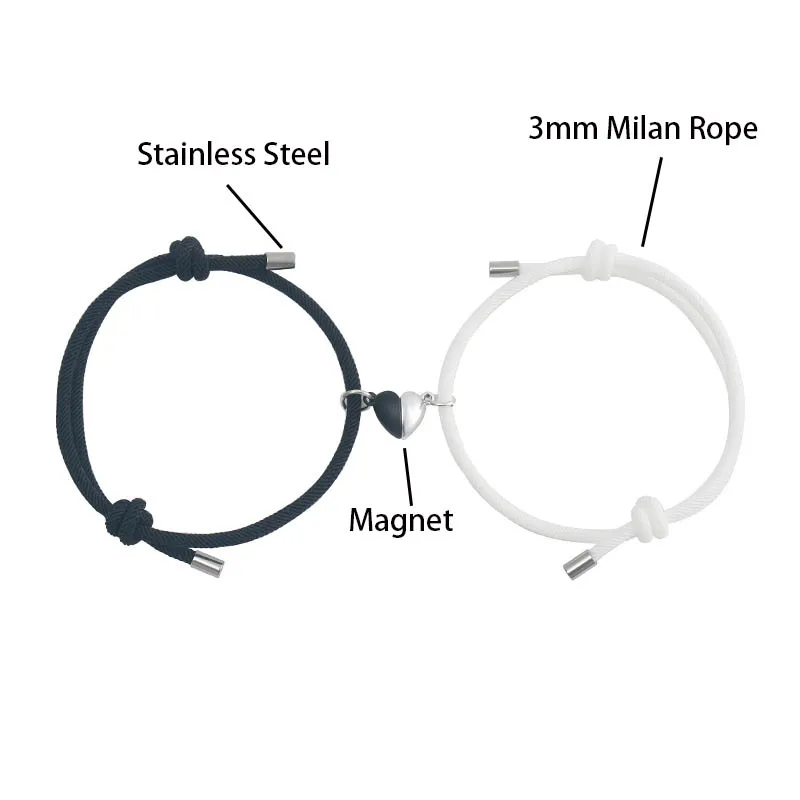 Romantic 2pcs/Pair Magnet Couple Bracelet Adjustable Matching Braclet Rope Black White Heart Magentic Braslet Gift For Lover