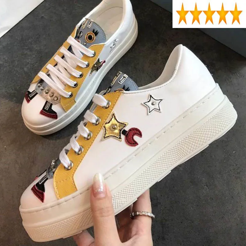 

Panelled Chic Robot Euro Designer Female Genuine Leather Casual Shoes Lace Up Thick Bottom Platform Heels Sapato Feminino