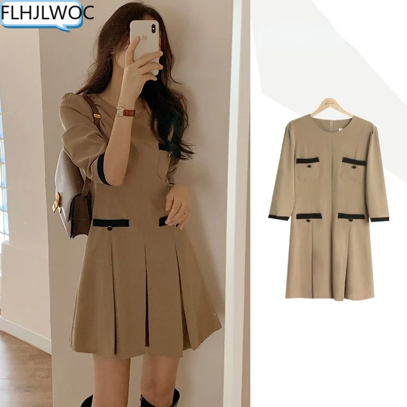 Retro Vintage French Fashion Style Hot Sales Feminine Vestidos Women Cute Sweet Girls Office Lady Solid Khaki Elegant Mini Dress