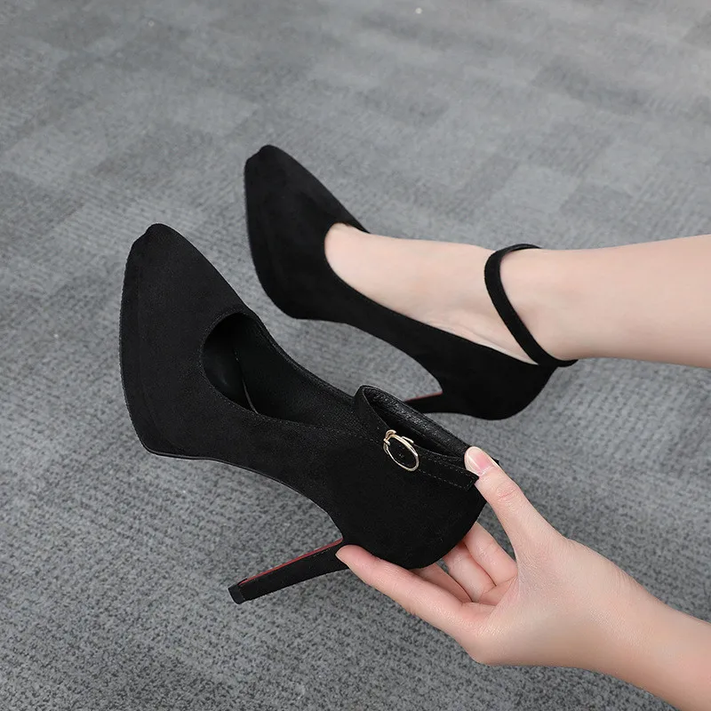 Pointed Toe Thin Heel One Word Buckle Band Womens Pumps Sexy Solid Flock 10 Cm Platform Work Shoes Small Size High Heels 32 33