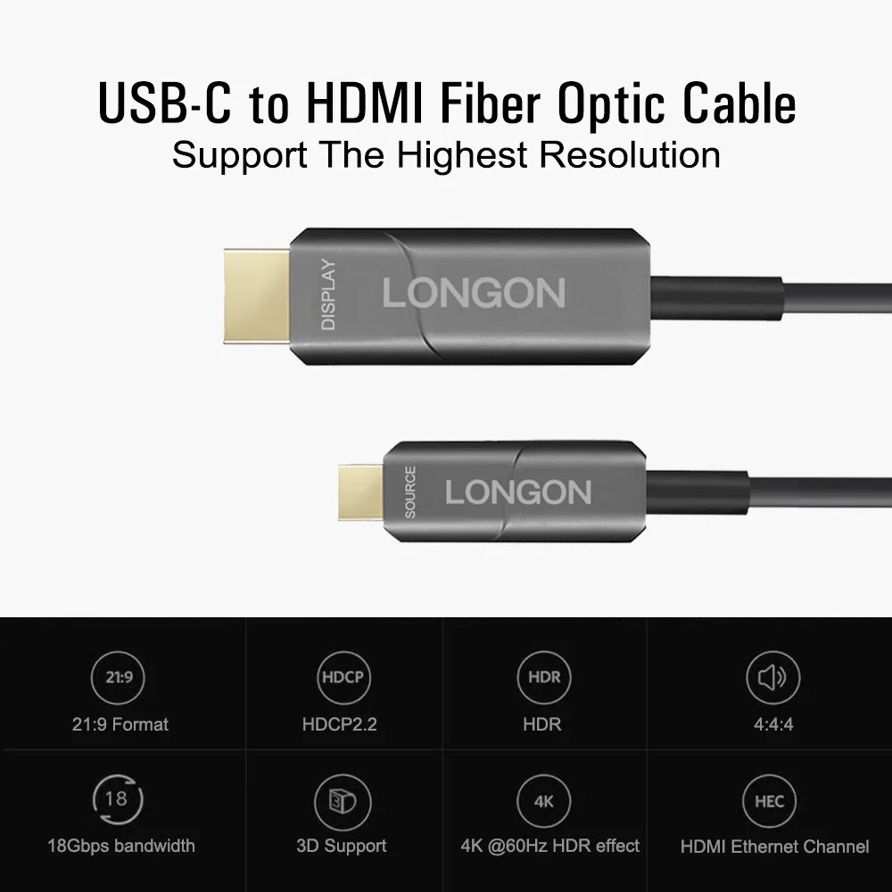 LONGON USB Type C to HDMI Active Optical Fiber Adapter Cable 5m 10m 15m Support 4K 60hz HDR For Macbook Pro 2019 XPS13 Huawei TV