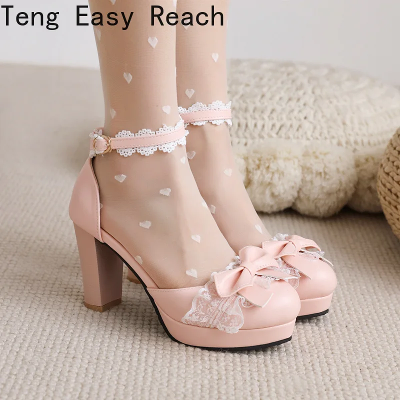 2021 Ladies Heels Platform Cute Bow Lace Princess Mary Jane Lolita Shoes Party High Heel Buckle Women Pumps Pink white blue