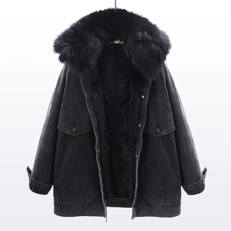 

Winter Removable Fox Fur Collar Rex Rabbit Fur Liner Denim Jacket Women Cowboy Outerwear Loose Big Pocket Jeans Jackets Female