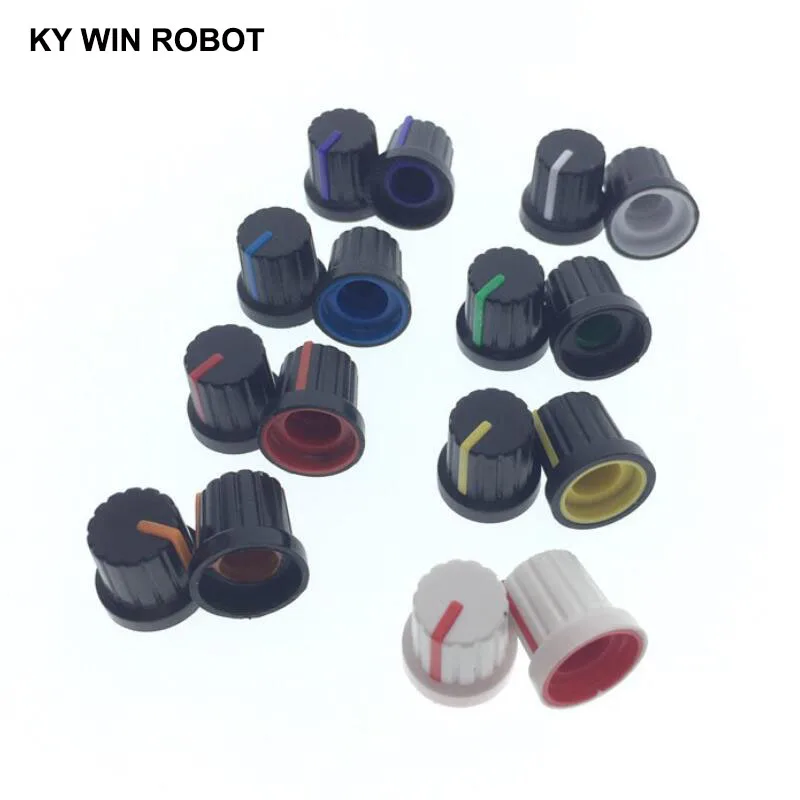 10pcs WH148 potentiometer knob cap 6mm Shaft Hole Assorted Kit White Green Red Blue Yellow Orange Purple DIY Switch Knob 15x15mm