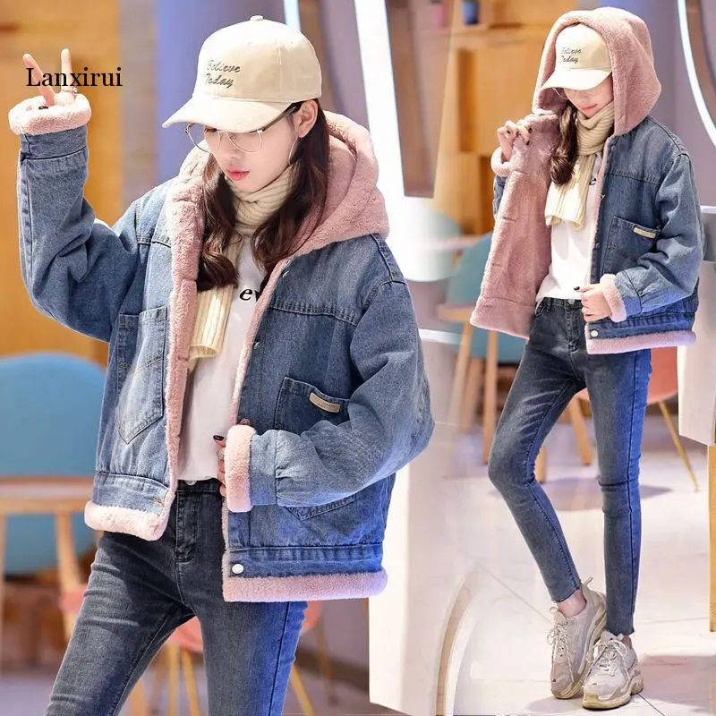 

Women Jean Parkas Winter Jacket Fur Collar Hooded Thick Parka Cotton Padded Jacket Long Female Coat Warm Outwear