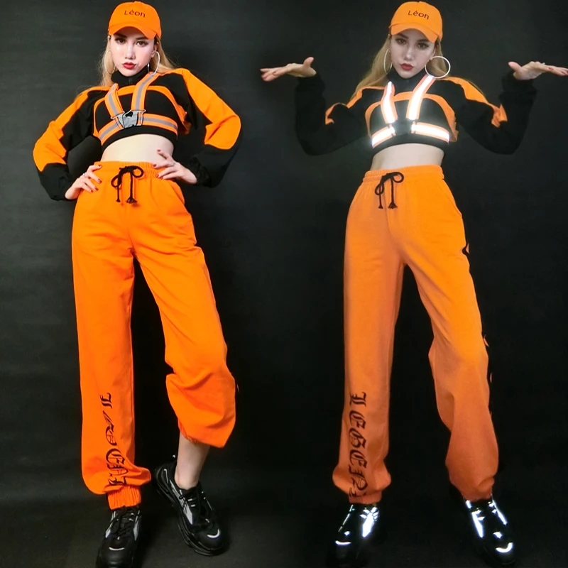 2021 Hip Hop Dance Costumes For Adults Orange Hiphop Suit Reflective Tape Women Gogo Dance DJ DS Costumes Rave Clothes SL4329