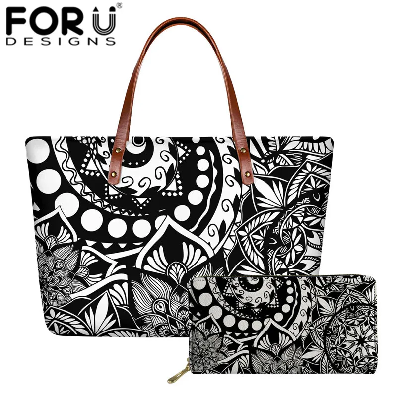 

FORUDESIGNS Vintage Tribal Mandala Flower Printed 2Pcs Women Luxury Handbag And Long Pu Purse Ladies Soft Tote Bag Sac A Main