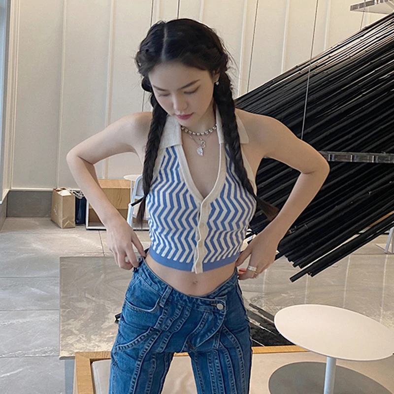 

2021 Tops Spring Plaid Knitted Vest Vintage Crop Top Hot Girls Egirls V-neck Sweater Tank Top Women Vest JK Spicy Girls