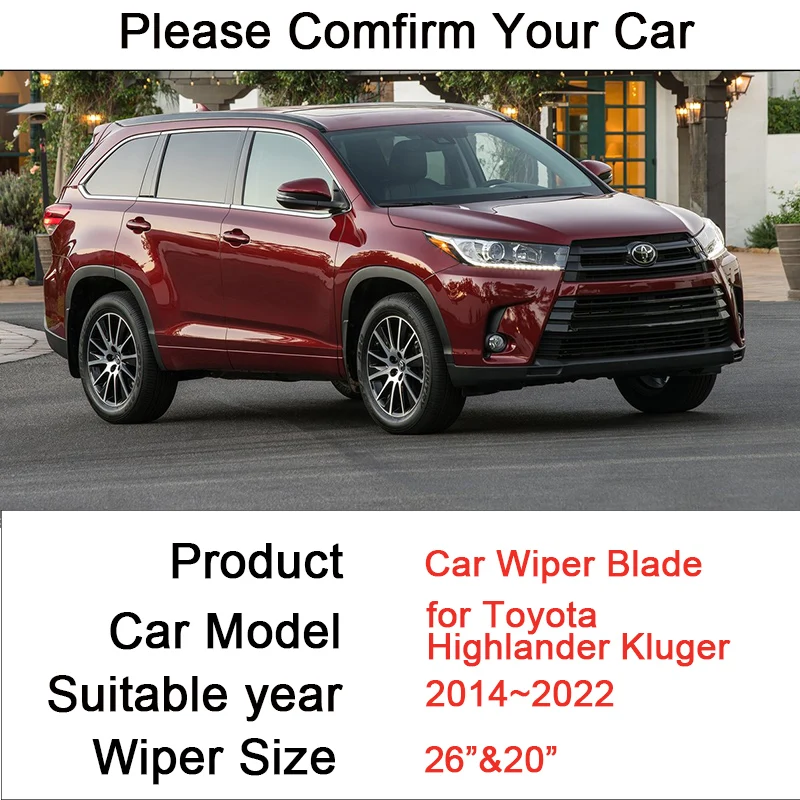 for Toyota Highlander Kluger 2014~2022 Two Frameless Durable Rubber Wiper Snow Scraping Front Windshield Brushes Car Accessories