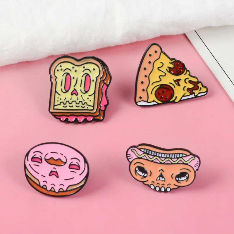 Cartoon Food Enamel Pins Pizza Hot Dog Sandwich Toast Donut Brooch Bag Clothes Lapel Pin Badge Jewelry Gift for Kids Friends