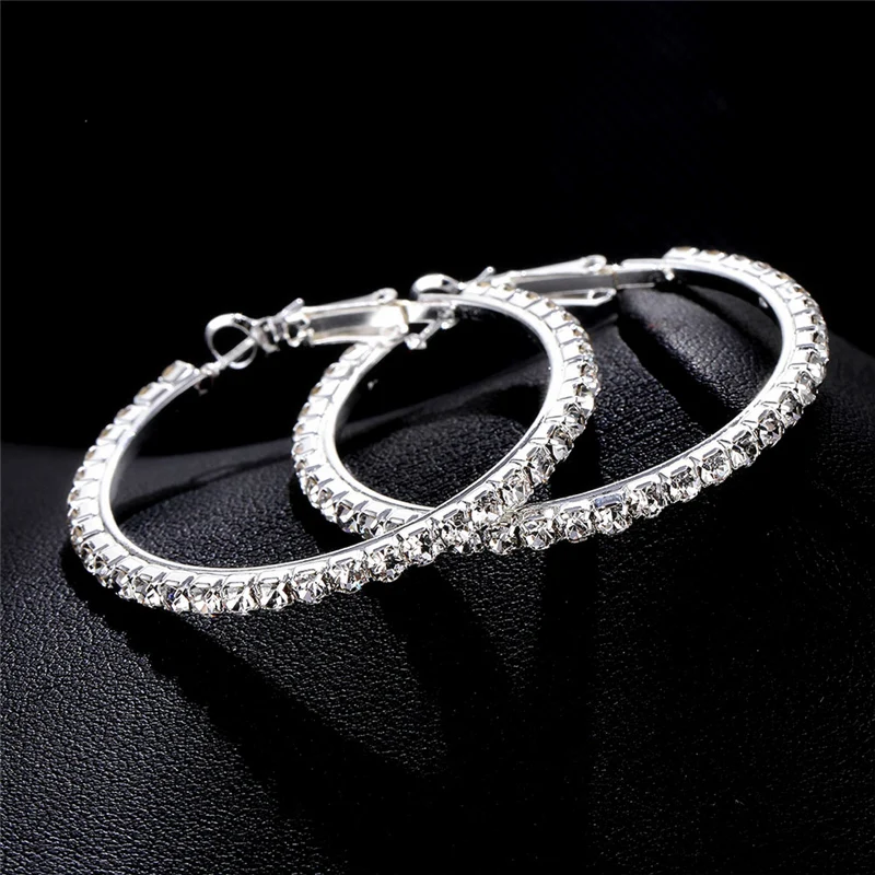 Hot 20-60mm Large Circle Crystal Hoop Earrings for Women Silver Color Fashion Round Shiny CZ Big Earring Jewelry Party Gift