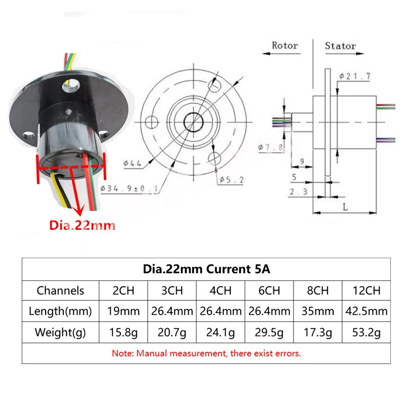 1PCS Dia 22mm 5A Wind Power Slip Ring 2/3/4/6/8/12CH Wind Energy Collector Ring Conductive Rotary Connection Slipring Joint