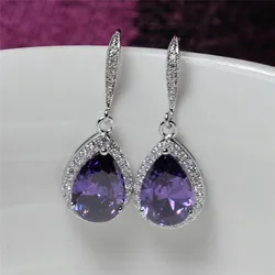 Huitan Classic Drop Earring for Women White/Blue/Purple CZ Stone Wedding Engagement Party Accessories Simple and Elegant Jewelry