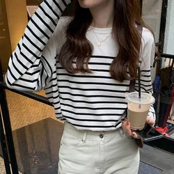 Long Sleeve Cotton Marine T Shirt Striped Tees Tops Loose Fit Women Basic Clothing S,M,L,XL