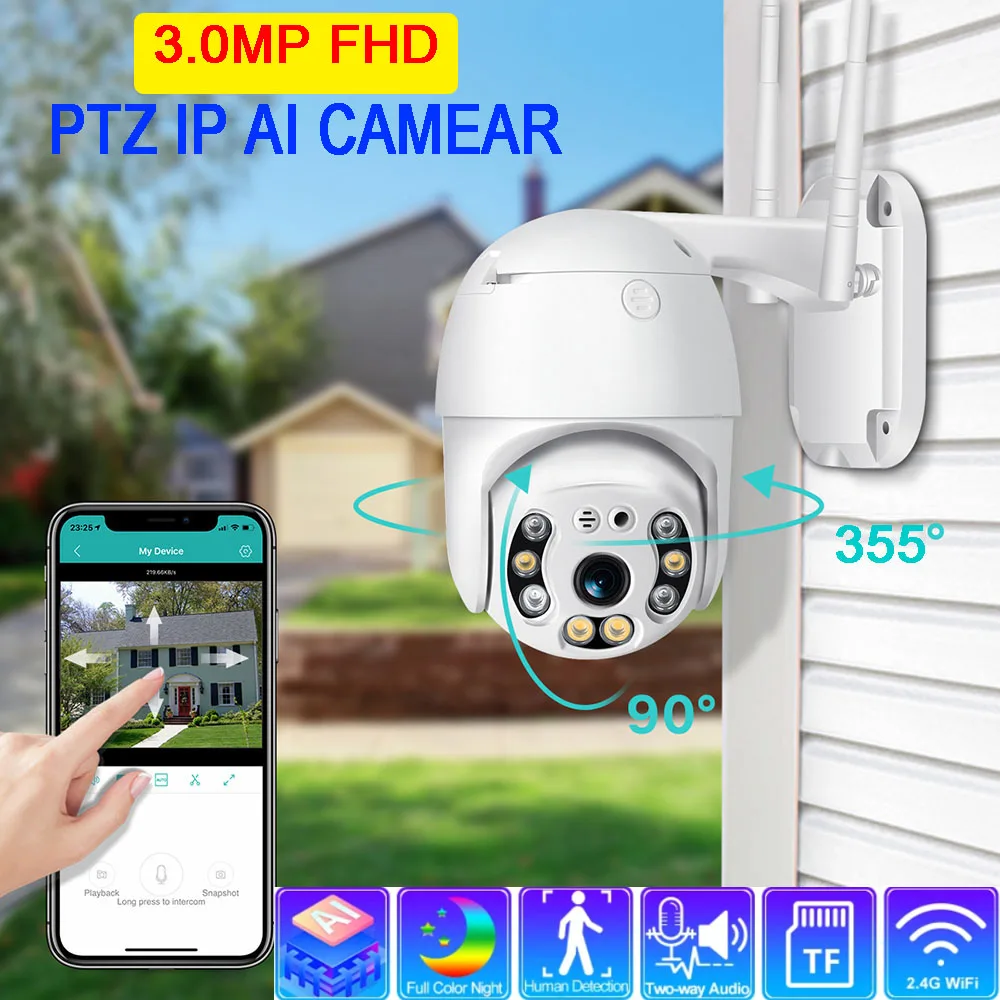 

HUAFNAT 3MP 1296P H.265 Security Camera WIFI Outdoor PTZ Speed Dome IR Color Night AI Tracking 2-Way Audio IP P2P CCTV Camera