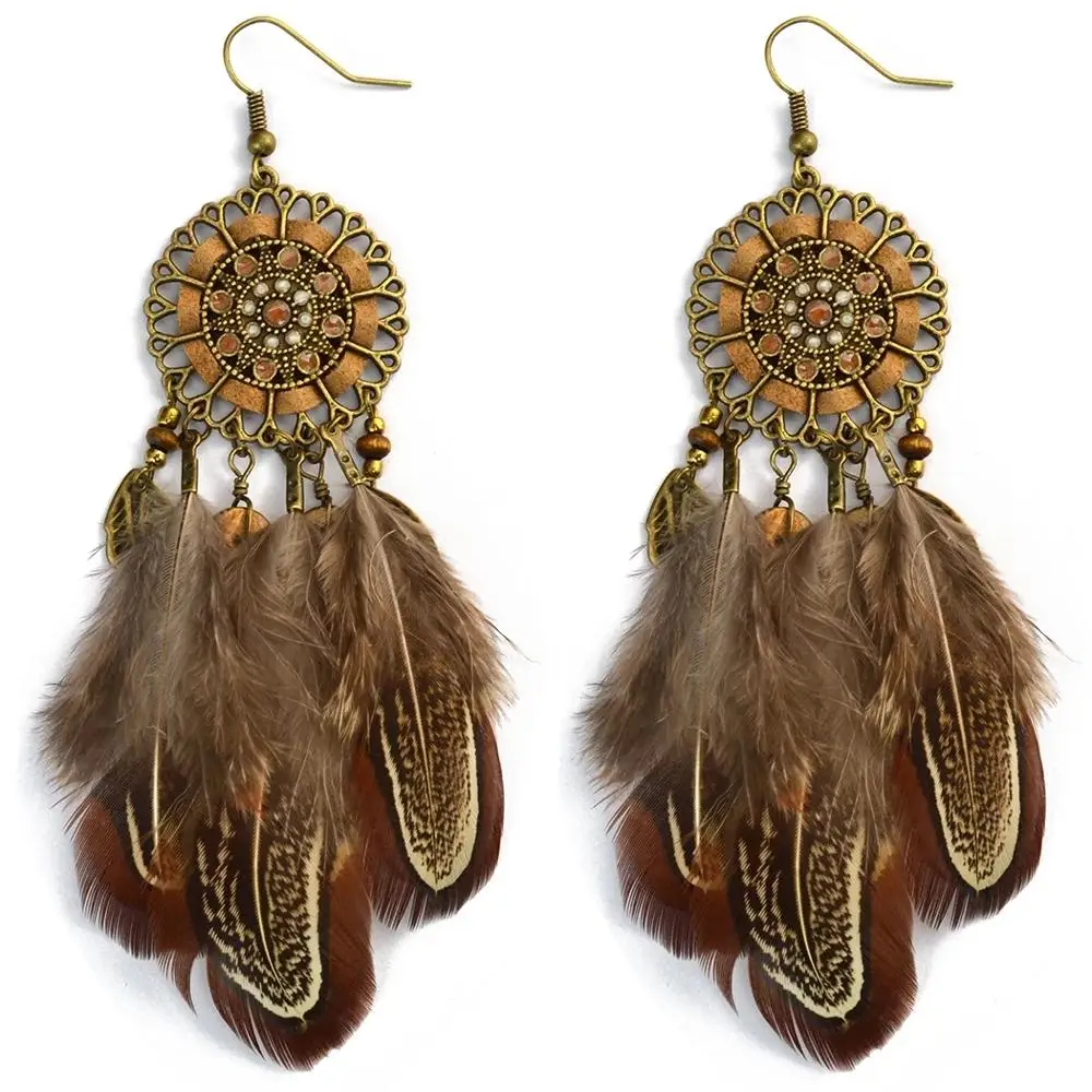 Pendientes de boda de plumas marrones con borla larga para mujer, Pendientes colgantes de cuentas de madera Vintage bohemios, joyería India