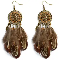 Boucles d'oreilles longues avec plumes brunes pour femmes, bijoux indiens de mariage, style bohème, Vintage, perles en bois