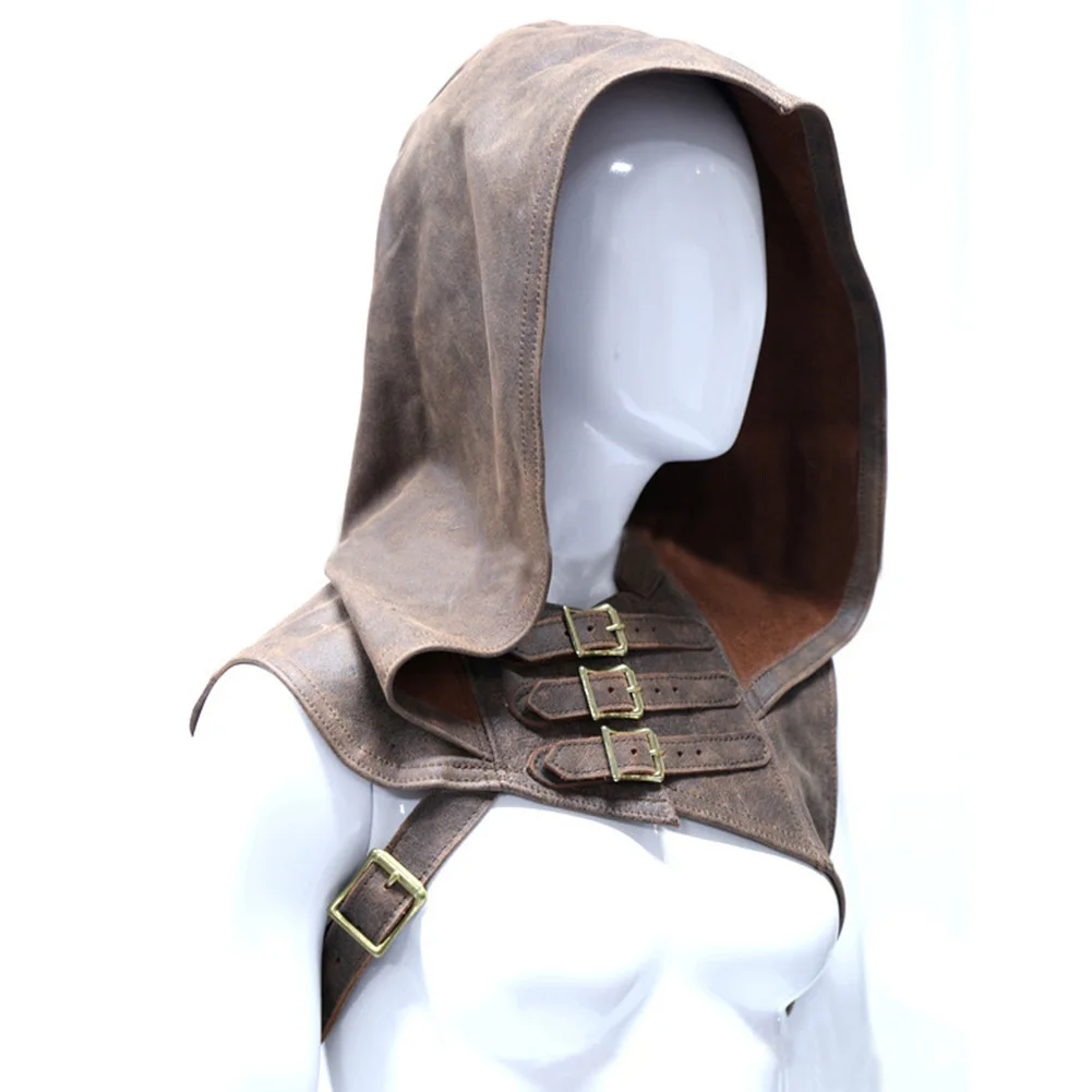 

Medieval Retro Button Shoulder Protection PU Leather Hoodie For Stage Performance