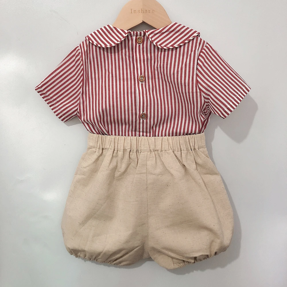 2Pcs Children Boutique Clothing Set Spanish Baby Short Sleeve Cotton Linen Striped Suit For Girls and Boys Eid Clothes 0-6years