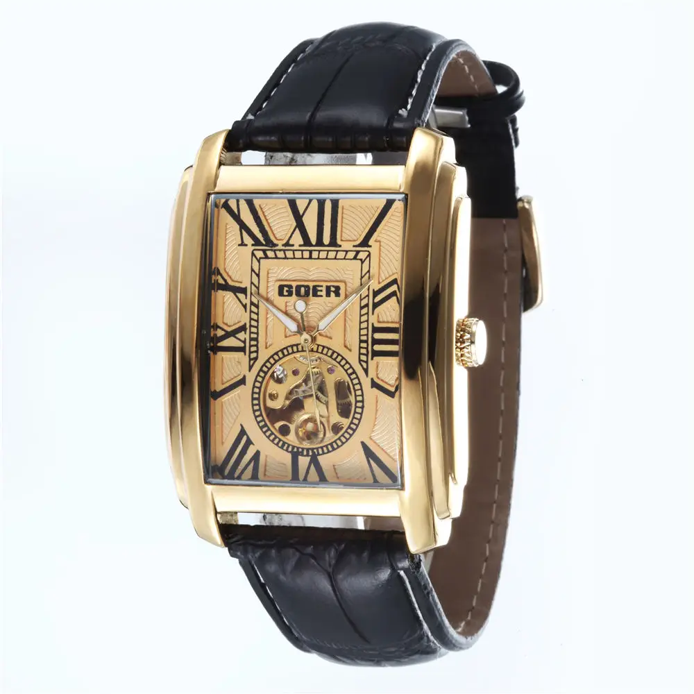 2020 Men Mechanical Watches GOER Fashion Rectangle Dial Automatic Self-wind Watches Casual Man Watch Clock Relogio Masculino