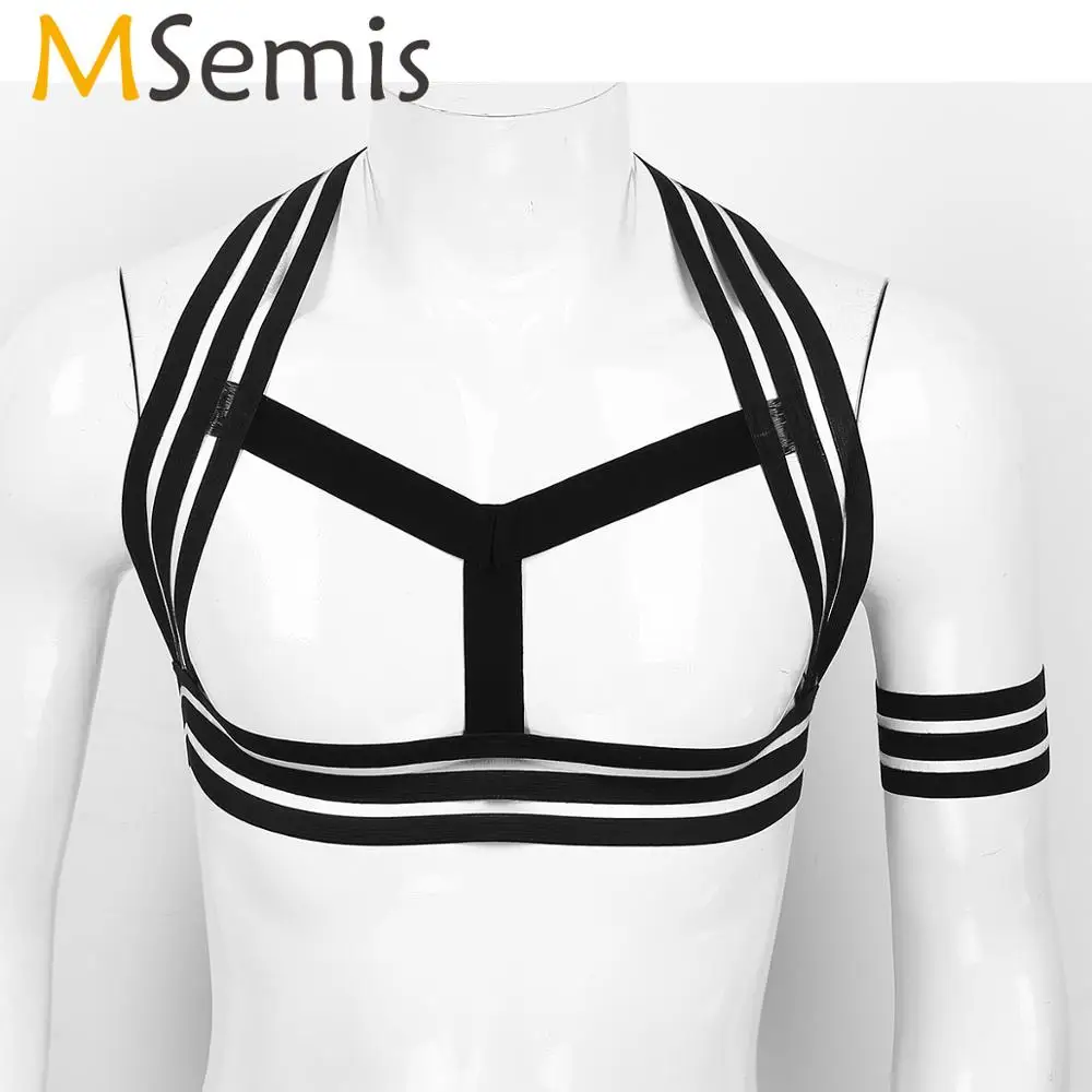 MSemis Men Body Chest Harness Belt Shoulder Support Brace Muscle Straps with Armband Clubwear Open Chest Crop Top Lingerie