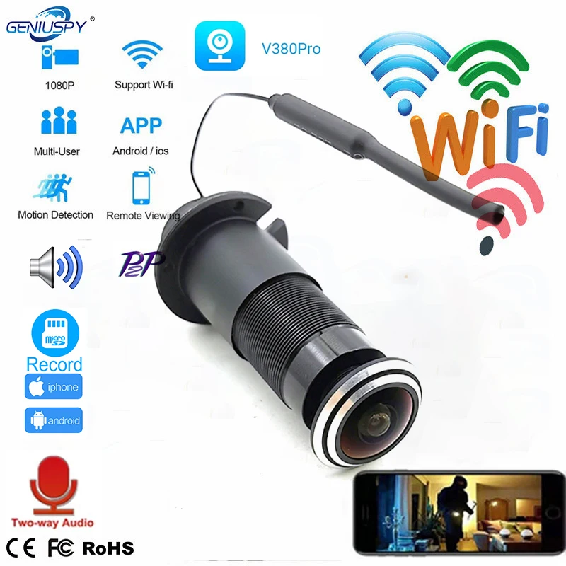 

Geniuspy V380 Door Eye Hole Security 2mp HD 2.1mm Lens Wide Angle FishEye CCTV Network Mini Peephole WifI Camera P2P TF Card