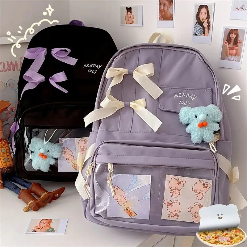 Backpacks Students Bow Sweet Women Girls School Bag Book Harajuku Big Capacity Purple Travel Rucksack Teens Fashion Water-proof