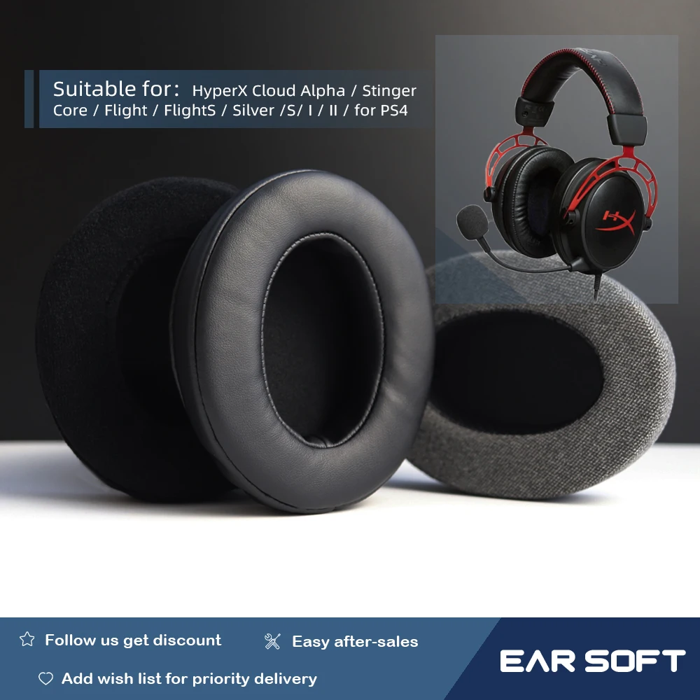 

Earsoft Replacement Ear Pads for HyperX Cloud Alpha, Flight, FlightS, Stinger, Core, Silver, S, I, II, for PS4 Headphones