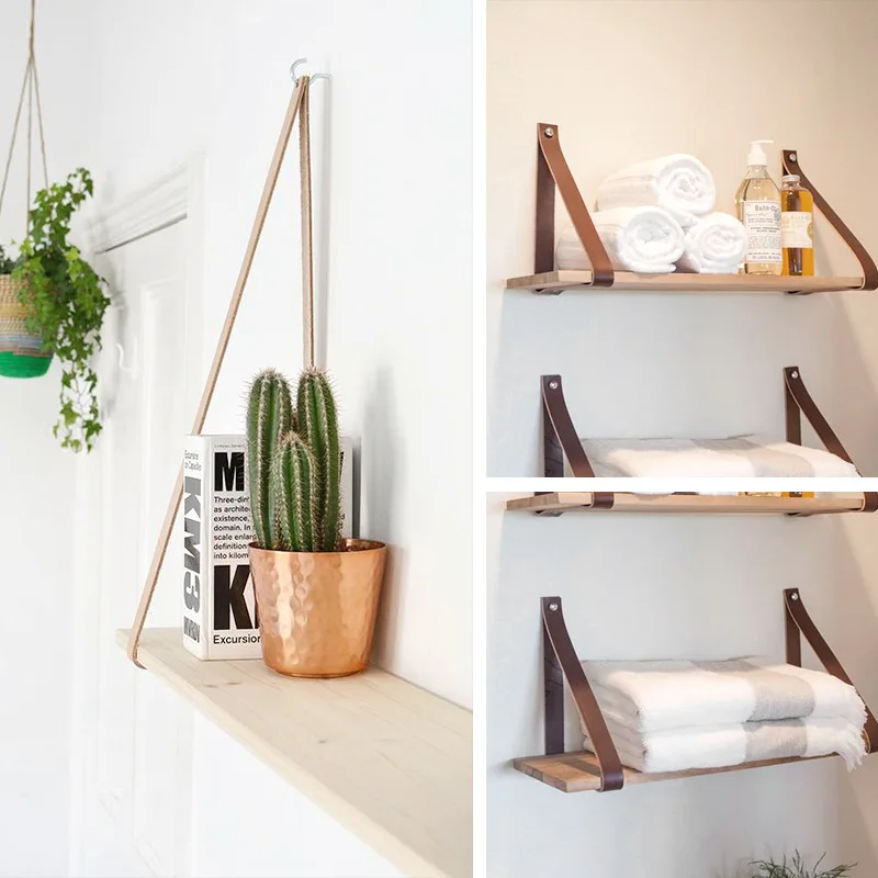 

Home Bathroom PU Leather Hanging Rope Wooden Shelf Rack Plant Flower Pot Tray Wall Shelves Organizer Nordic DIY Home Decoration