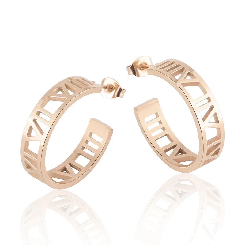 New Luxury Brand Jewelry Beautiful And Charming 6mm Wide Roman Numeral Stud Earring Top Quality Titanium Steel Woman Earrings