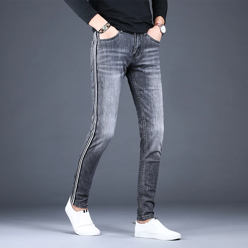 Men's Gray Black Side Stripe Jeans Fashion Stretch Denim Slim Fit Pencil Pants Korean Style Trousers
