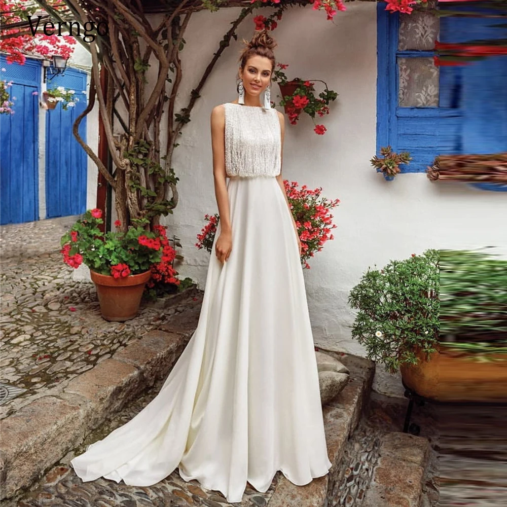 

Verngo New Design A Line Chiffon Wedding Dress With Tassel Jacket Back 2021 Bride Dresses Gown Custom Elegant Robe de mariée