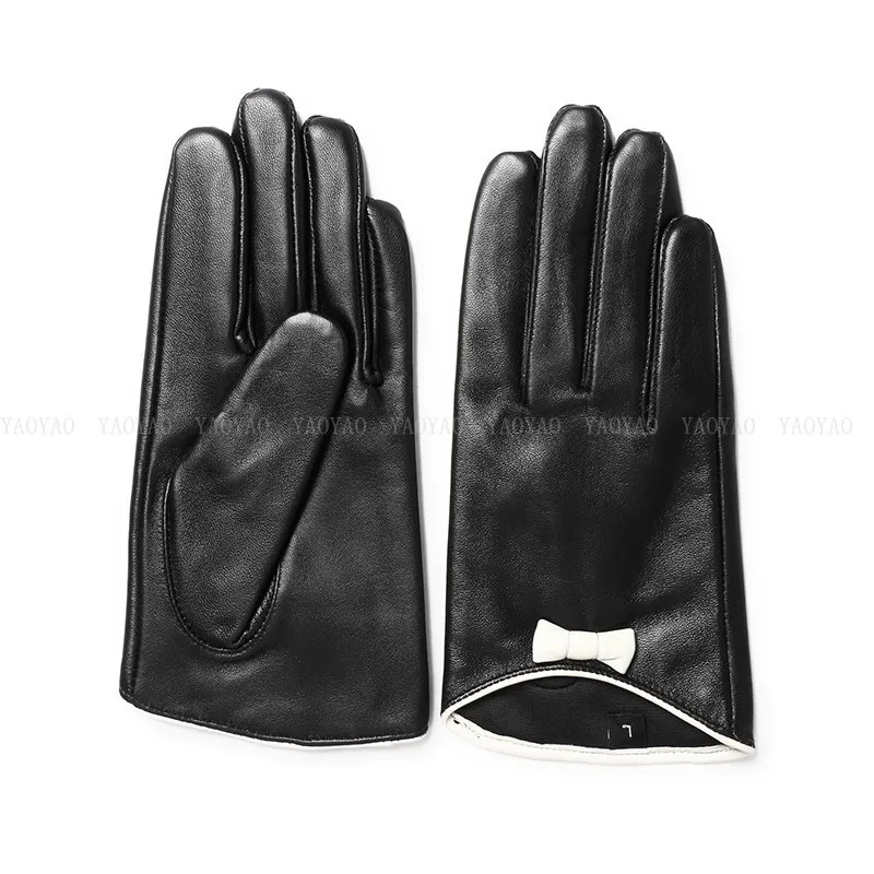 YY5392 Classic Women Fall Winter Genuine Leather Short Gloves Famale White Bowknot Black Patchwork Thin Eldiven Guantes Mujer