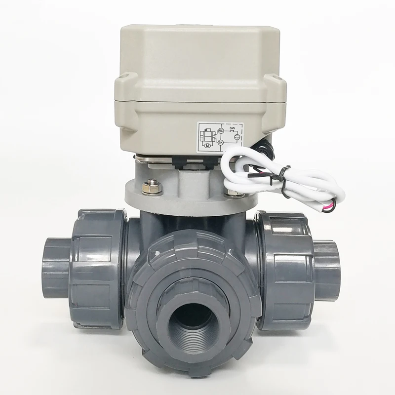 3-WAY UPVC Electric motorized ball valve DN20, DC12V actuated ball valve for chemical, swiming pool, water tank or brewing