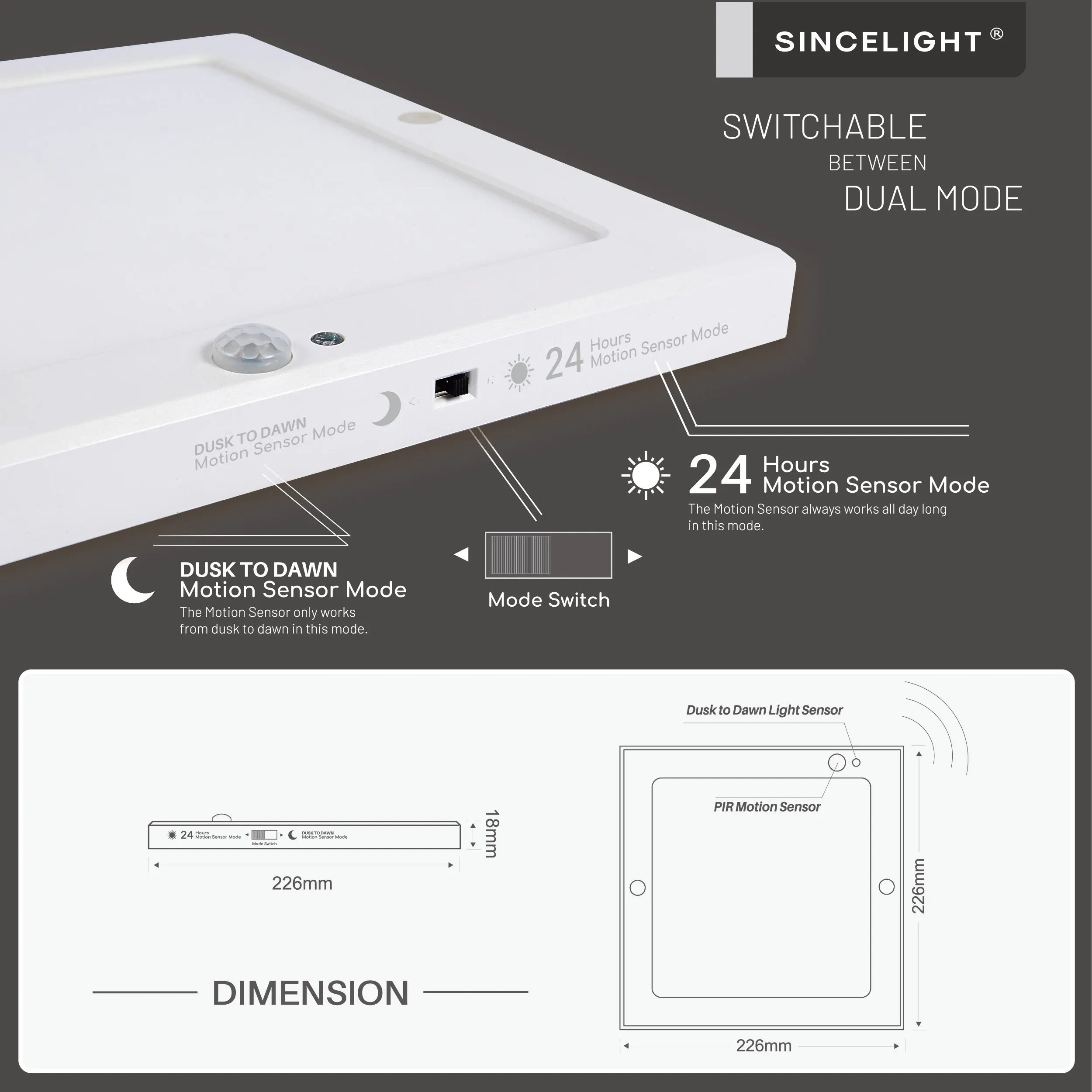 Square Motion Sensor LED lampa sufitowa 18, 1600lm, 2700-6000K(PIR i Light Senor/podwójny tryb przełączalny) oprawy oświetlenia sufitowego