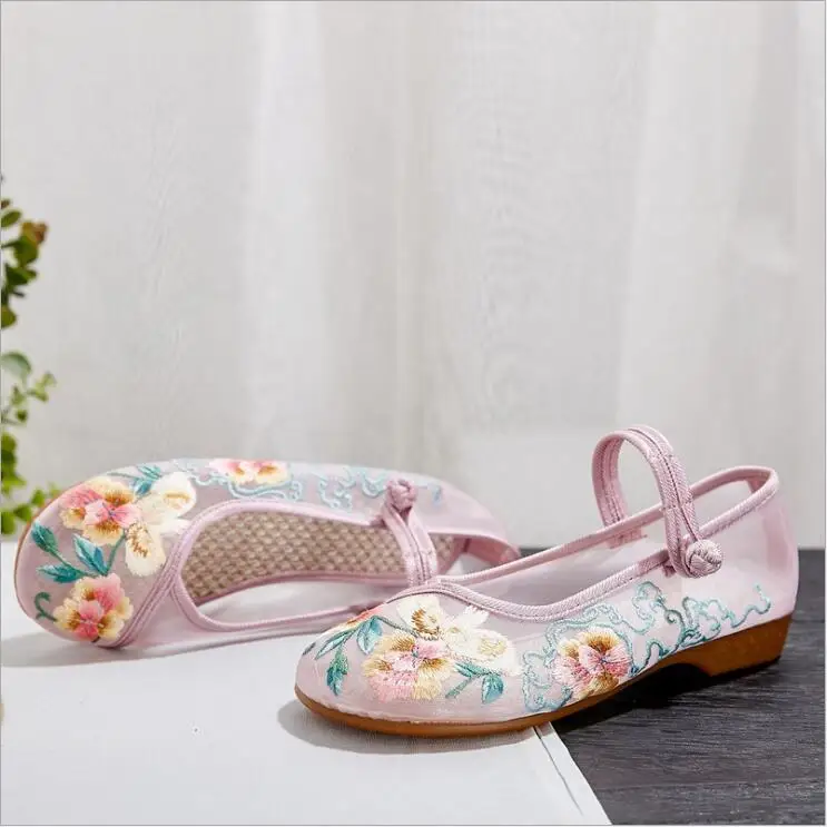 Zapatos de primavera, verano y otoño con flores de hilo de red, nuevas Sandalias planas de tacón bajo, zapatos bordados, zapatos de arte antiguo pastoral para estudiantes