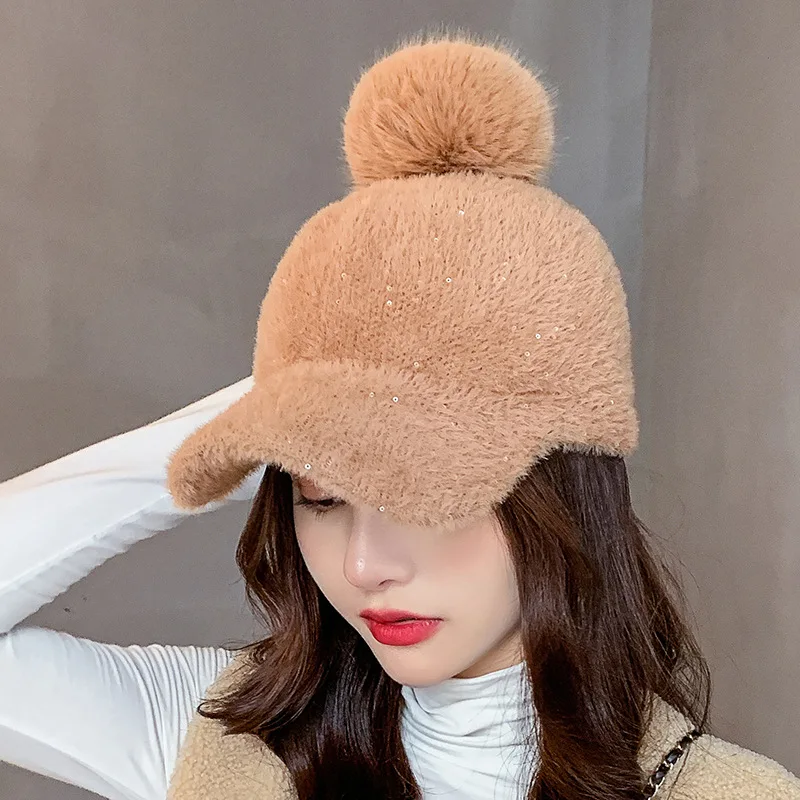 New Fashion Lady Mohair Winter Hat Women Pompom Casual Knit Beanie Warm Berets women's Baseball Cap Wool Visor Bonnet Soft