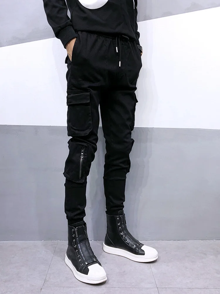 Free Shipping Men's Male fashion Black New Trendy Brand Function Multi-pocket Casual Overalls Hair Stylist Slim Feet Harem Pants