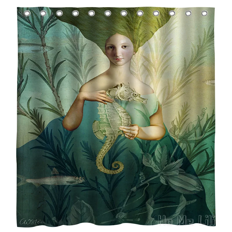 The Beautiful And Strange Mermaid With Long Green Hair Is Holding The Lizard Under The Water Shower Curtain Bathroom Decor