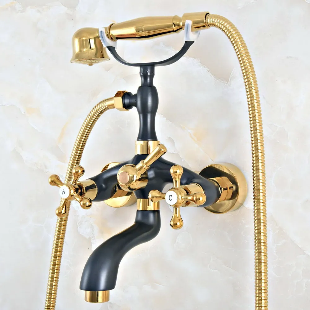 

Black Gold Color Brass Bathtub Faucet Wall Mount Handheld Bath Tub Mixer System with Handshower Telephone Style zna408