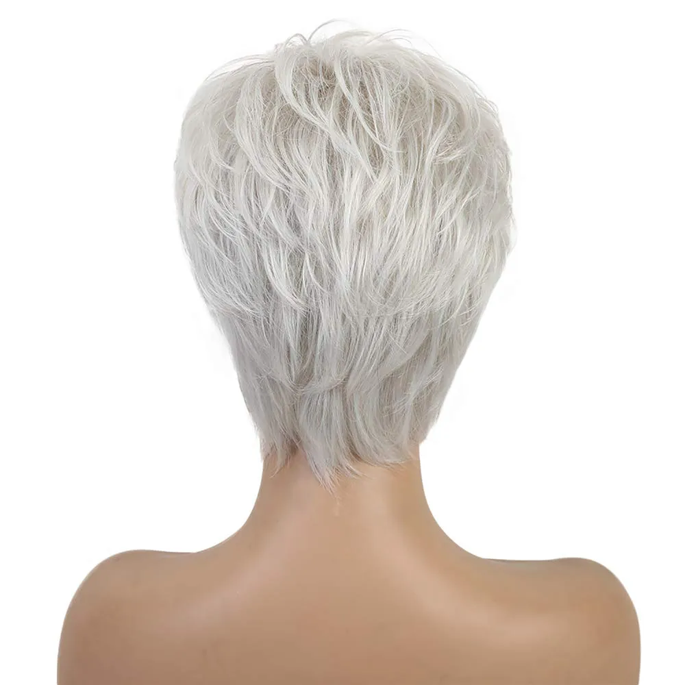 Silver Grey Wig Short Natural Straight Synthetic Wigs for White Women Fake Hair Wig Natural Looking Heat Resistant Fiber