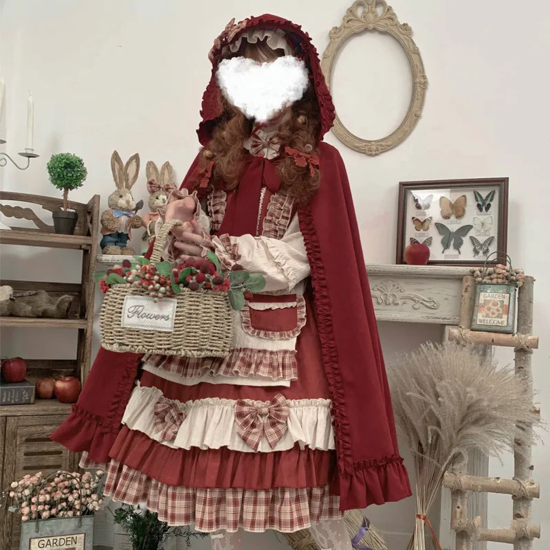 

Japanese Harajuku Sweet Lolita OP Dress Girly Cute Berry Forest Bowknot Princess Dress Women Red Hooded Cloak Tea Party Dresses