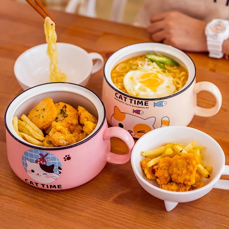 

Cartoon Instant Noodle Bowl Ceramic Tableware with Lid Salad Bowl Fruit Bowl Large Capacity Kitchen Utensils Food Container