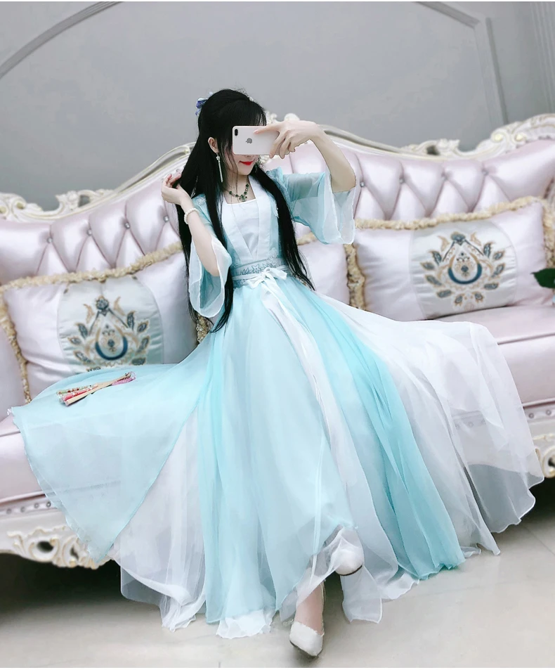 Chiffon Vintage Long Dress Hanfu Dress For Women Traditional Blue Green Purple Antique Photography Party Clothing Classic