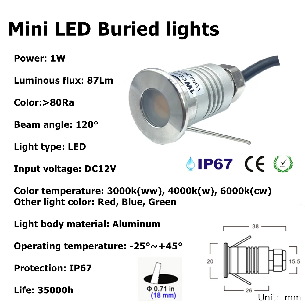 Ip67 à prova dip67 água 1w mini led luz subterrânea dc12v jardim inground lâmpada ao ar livre holofotes quintal deck paisagem iluminação enterrada