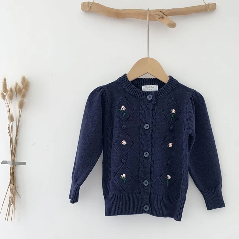 2021 Autumn Baby Girls Knitted Sweaters Jacket Korean Style Embroidery Floral Tops Kids Cardigan Coats Children Clothes Cotton