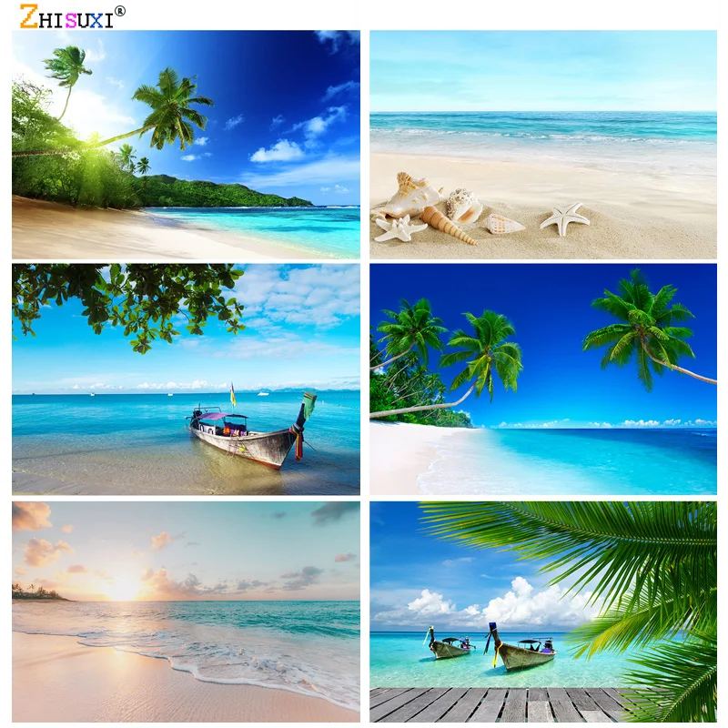 

Summer Tropical Sea Beach Palms Tree Photography Background Natural Scenic Photo Backdrops Photo Studio Props 2133 HHB-03