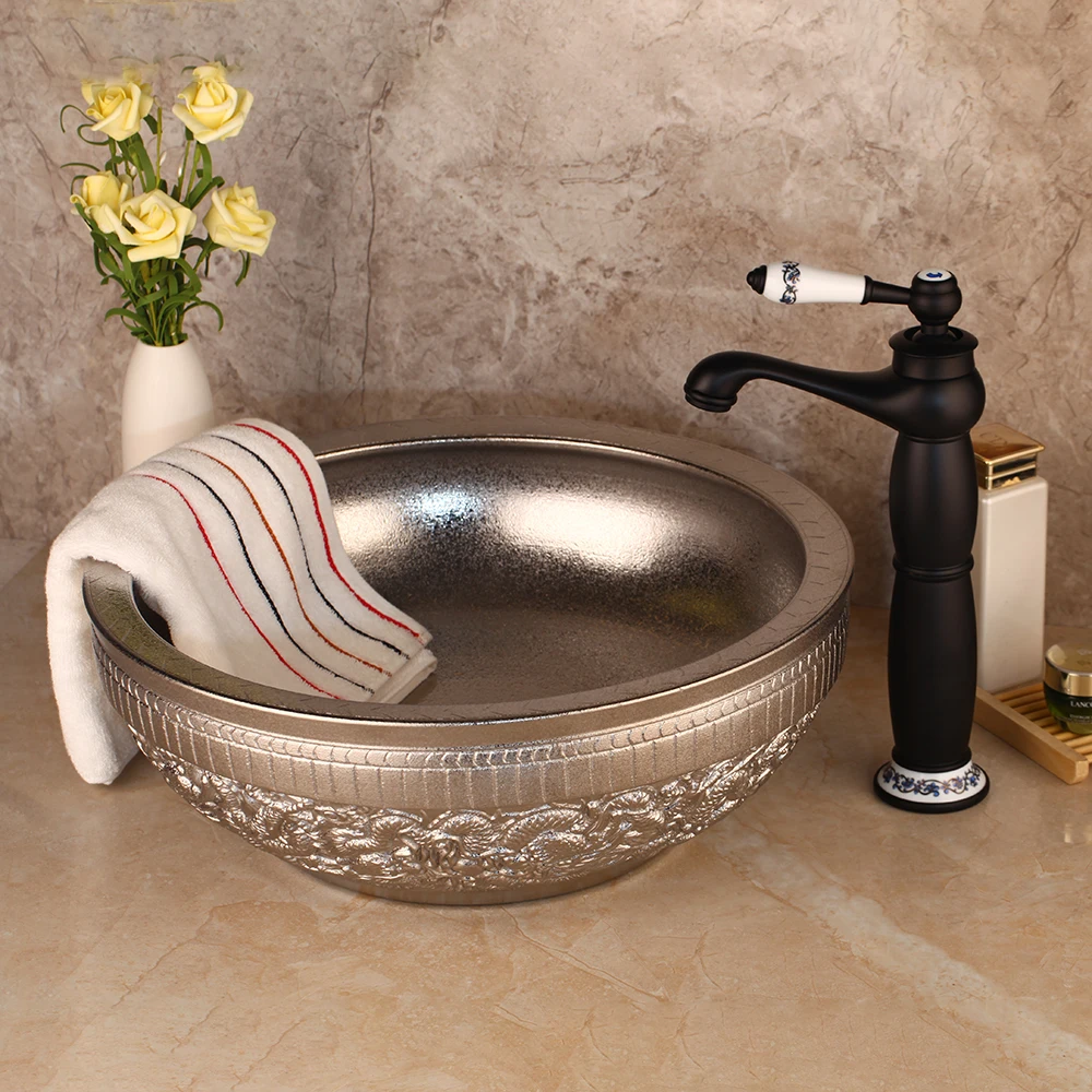 Monite Silver Bathroom Bowl Sink Ceramic Washbasin Set Hand Paint Lavatory Bath Basin Combine & Brass Black ORB Faucet Mixer Tap