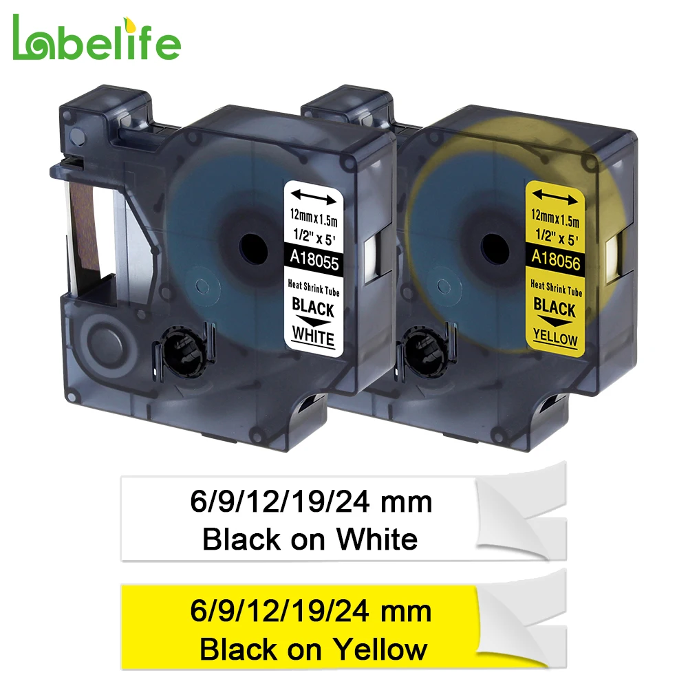 Labelife 18051 18052 18055 Compatible for DYMO Industrial Heat Shrink Tubes Black on White/Yellow Label Maker RhinoPRO 3000,4200